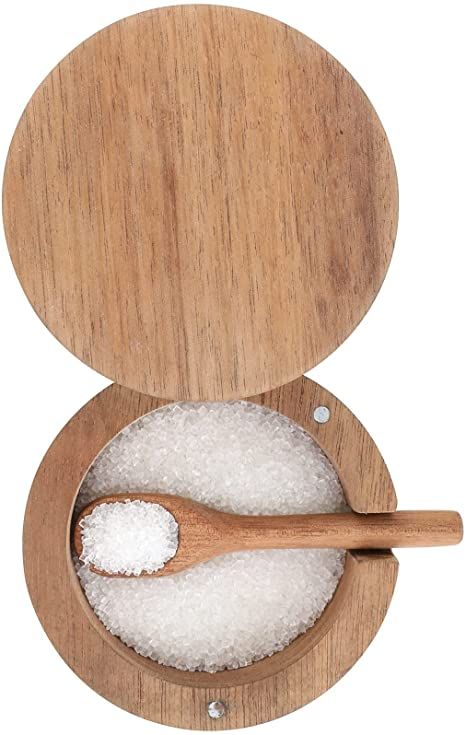 Amazon.com | DGYLL Acacia Wood Salt Container with spoon Salt cellar Salt keeper Spice storage box Condiment pot Sugar bowl with spoon and swiveling lid Size: 3.5DIA x 2.5H inch (1pc no pattern /w spoon): Condiment Pots Wooden Salt Cellar, Wood Salt Cellar, Salt Container, Cold Coffee Recipes, Salt Spoon, Wood Pots, Pinch Bowls, Pepper Spice, Salt Box