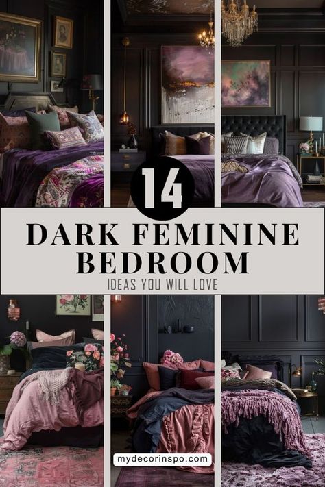 Step into sophistication with dark feminine bedroom ideas that blend shadowy charm with a touch of glamour. Perfect for those who love a mix of modern and mystique in their sanctuary. 🌸 Black And Blush Bedding, All Dark Bedroom, Grey And Pink Bedroom Ideas For Couples, Blush Pink Bedding Colour Schemes, Purple Sheets Bedding Color Combos, Eggplant Purple Bedroom, Two Tone Purple Bedroom, Black Mauve Bedroom, Luxury Bedroom Master Purple