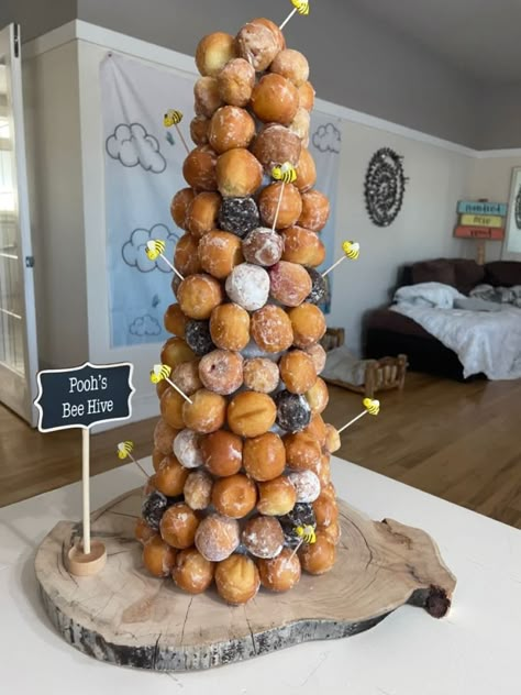 Bee Hive Donut Holes, Pooh Bear Shower Ideas, Winnie The Pooh Donut Tower, Wine The Pooh Gender Reveal, Winnie The Pooh Snacks Parties Food, Gender Reveal Ideas For Party Winnie The Pooh, Winnie The Pooh Gender Reveal Decorations, Classic Winnie The Pooh Gender Reveal, Pooh Bear Desserts