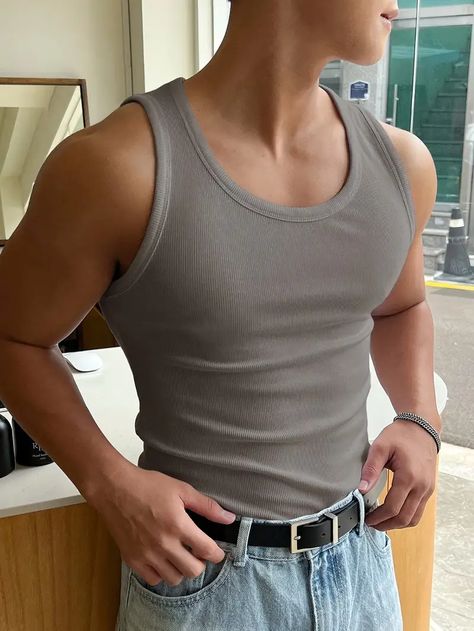 Brown Tank Top Outfit Men, Mens Tank Top Outfits, Man In Tank Top, Men In Tank Tops, Male Fashion Summer, Brown Tank Top Outfit, Grey Tank Top Outfit, Tank Top Outfits Men, Tank Top Male