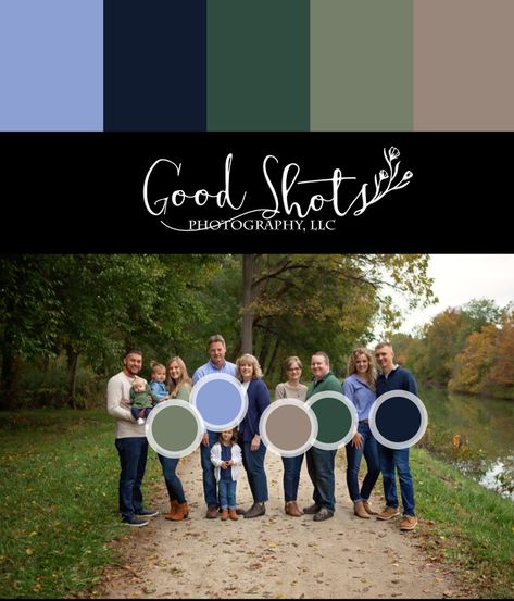 Navy And Olive Green Family Pictures, Blue Color Palette For Family Photos, Extended Family Pictures Color Scheme Winter, Teal Family Pictures Outfits, Picture Color Schemes, Extended Family Pictures, Family Photo Colors, Nature Outfits, Shots Photography