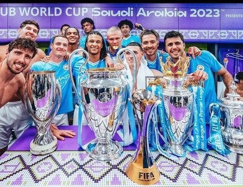 Man City adds the club world cup champions trophy to this year's collection Club World Cup Trophy, World Cup Champions, Champions Trophy, City Club, Club World Cup, Man City, The Club, Lionel Messi, Manchester City