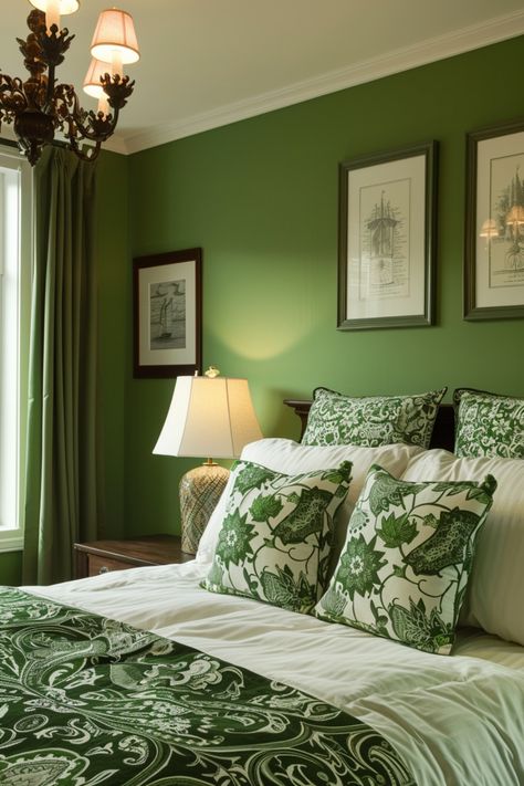 Green-themed bedroom with patterned pillows and a bedspread, framed artwork, and a chandelier. Maximalist Green Bedroom, Green Bedroom Inspirations, Plants Artwork, Afro Bohemian, Green Bedroom Ideas, Monte Alto, Green Accent Chair, Old Headboard, Green Bedroom Decor