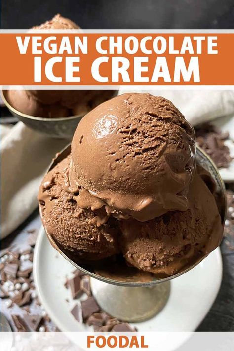 Bored with shopping for non-dairy treats in the frozen aisle? Take out your ice cream maker at home. Our vegan chocolate ice cream is easy to prep, and yields thick and rich results. Find out what simple ingredients we use, and make the recipe when that chocolate craving strikes. #veganicecream #chocolate #foodal Vegan Ice Cream Recipe Machine, Non Dairy Ice Cream Recipe, Vegan Chocolate Ice Cream Recipe, Homemade Vegan Chocolate, Vegan Chocolate Ice Cream, Ice Cream From Scratch, Cooking Knowledge, Non Dairy Ice Cream, Strawberry Ice Cream Recipe