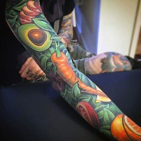 Mens Full Sleeves Colored Veggies Food Tattoo Design Ideas Culinary Sleeve Tattoo, Vegetable Sleeve Tattoo, Food Sleeve Tattoo, Vegetable Tattoo Sleeve, Food Tattoo Sleeve, Vegetable Tattoo Ideas, Veganism Tattoo, Fruit Tattoo Sleeve, Vegetables Tattoo