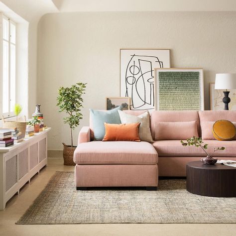 Interior Define on Instagram: “We don't know about you, but this Charly is making us blush. #interiordefine 🛋️: Charly U-Chaise Sectional in Performance Linen Weave Rose” Blush Pink Sectional Sofa, Blush Couch Living Room, Blush Sofa Living Room, Pink Couch Living Room Ideas, Pop Of Color Room, Color Room Ideas, Blush Couch, Pink Couch Living Room, Pink Sofa Living Room