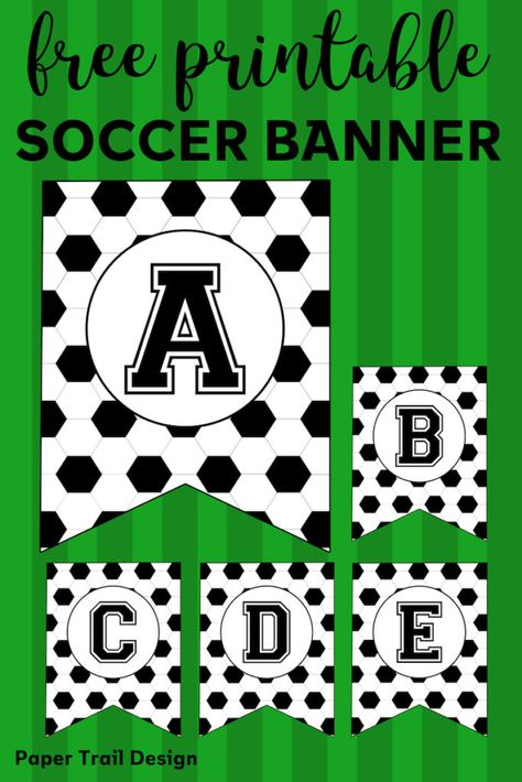 Free Printable Soccer Banner. Soccer party decorations idea. Print for soccer team party decor, birthday parties, or baby showers. #papertraildesign #soccerbirthdayparty #birthdayparty #birthdayparties #babyshower #soccerbabyshower #futbolparty #realfutbol #soccerrules #soccerrocks Soccer Birthday Party Ideas Decorations, Football Themed Birthday Party Decorations, Birthday Soccer Theme, Soccer Birthday Decorations, Soccer Banner Ideas, Soccer Theme Birthday Party, Soccer Birthday Party Ideas, Football Birthday Party Decorations, Soccer Birthday Banner