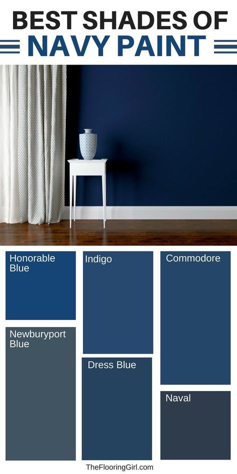 Best shades of navy paint and clever ways to decorate with navy for a fresh and modern look.  The navy trend is so hot right now and it goes so well with both dark and light hardwood floors, as well as white trim.  #navy #paint #shade #navypaint #moderndecor #sherwinwilliams #benjaminMoore #commodore #naval #indigo Navy Blue Paint Colors, Navy Blue Paint, Navy Paint, Light Hardwood, Light Hardwood Floors, Blue Paint Colors, Interior Modern, Blue Living Room, Blue Rooms