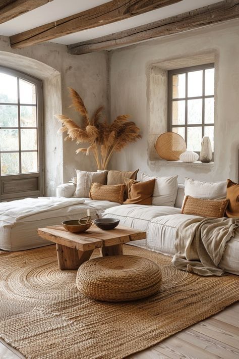 Wabi Sabi Interior Living Rooms, Wabi Sabi Home Interior Design, Minimalist Bohemian Living Room, Wabi Sabi Living Room, Balinese Interior, Modern Coastal Living Room, Style Ibiza, Earthy Living Room, Modern Boho Living Room