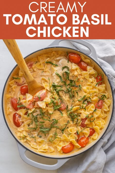 Creamy Tomato Basil Chicken, Tomato Basil Chicken Pasta, Tomato Basil Chicken Recipe, Chicken Tomato Pasta, Basil Chicken Recipe, Chicken With Pasta, Chicken Recipes With Tomatoes, Chicken Basil Pasta, Balanced Dinner