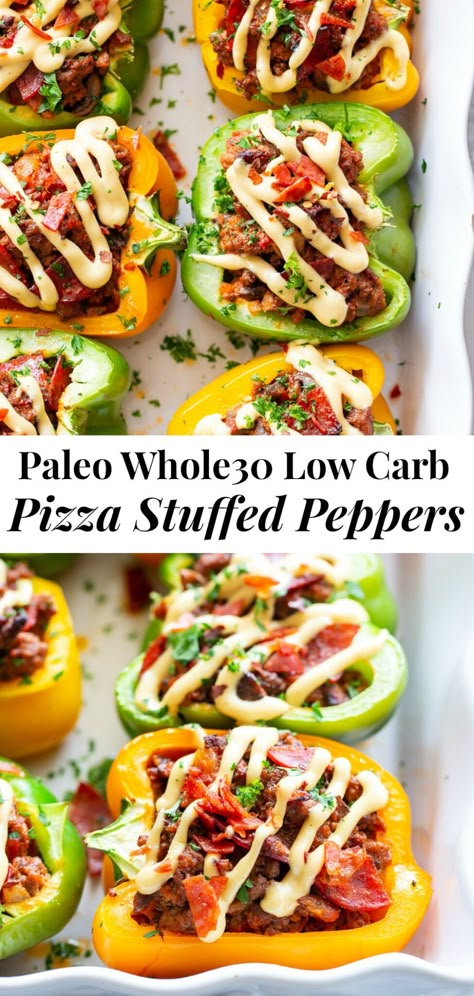 These low carb and paleo pepperoni pizza stuffed peppers are so simple to make and crazy delicious!  A hearty “pizza” mixture is baked in bell peppers and topped with the best dairy-free cheese sauce you’ll ever have!  These peppers are perfect for meal prep and reheat perfectly.  Dairy-free and Whole30 compliant. #paleo #cleaneating #lowcarb Pizza Stuffed Peppers, Sandwich Vegetarian, Paleo Running Momma, Sandwich Cream, Pepper Sandwich, Paleo Meal Prep, Egg Diet Plan, Low Carb Low Fat Recipes, Boiled Egg Diet Plan