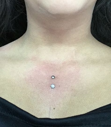 Sternum piercing, vertical surface. Surface Bar Piercing Chest, Chest Surface Piercing, Sternum Piercing Surface, Chest Dermal Piercing Center, Surface Piercing Chest, Sternum Piercing Dermal, Surface Bar Piercing, Piercing Chest, Dermal Piercing Chest