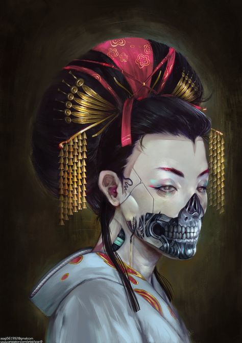 Geisha Artwork, Cyborgs Art, Geisha Art, Cyberpunk Aesthetic, Arte Cyberpunk, Cyberpunk Character, Futuristic Art, Ghost In The Shell, Cyberpunk Art