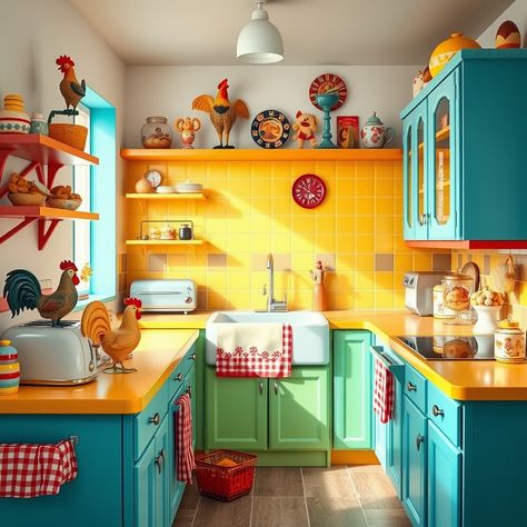 Home Decor Inspiration: Go Bold with These Unique Kitschy Kitchen Inspo!   "Bring the joy of a 1950s kitchen to life with eclectic kitchen design and quirky kitchen decor! Dive into kitschy kitchen inspo that mixes retro kitchen colors with playful elements for a standout look. Perfect for those who love bold kitchen inspiration, this 50s kitchen style is packed with personality and charm. Retro Kitchen Colors, Colorful Eclectic Kitchen, Estilo Kitsch, Eclectic Kitchen Design, Quirky Kitchen Decor, 50s Kitchen, Funky Kitchen, Bold Kitchen, Quirky Kitchen