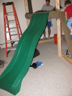 Part 2) Loft for play room ... with slide Room With Slide, Indoor Treehouse, Basement Play Area, Project Playroom, Indoor Playset, Play Bedroom, Sensory Gym, Reading Loft, Daycare Spaces