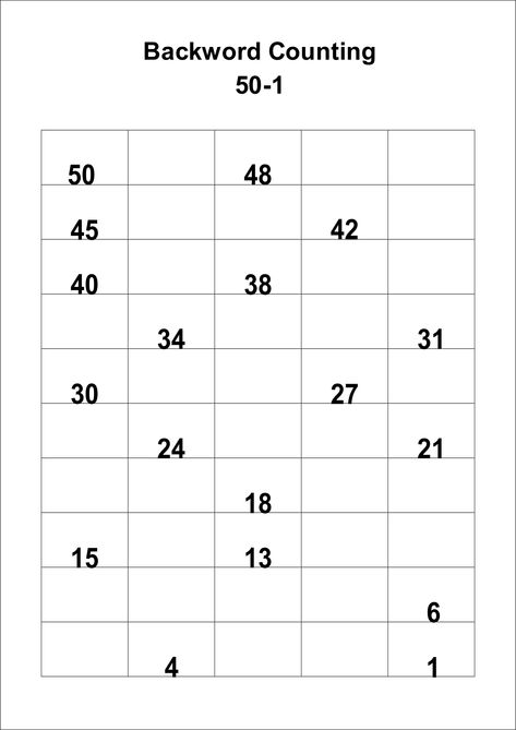 Reverse Counting 50 To 1 Worksheet, Backward Counting Worksheets 50-1, Backward Counting, Easy Math Worksheets, Maths Worksheet, Math Fact Worksheets, Math Addition Worksheets, First Grade Math Worksheets, English Worksheets For Kindergarten