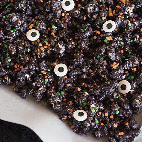 Candied Popcorn, Black Popcorn, Goth Party, Candy Eyeballs, Spooky Food, Popcorn Balls, Candy Popcorn, Small Microwave, Black Candy