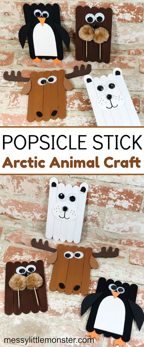 Animal Popsicle Stick Crafts, Christmas Popcical Stick Crafts, Holiday Popsicle Stick Crafts, January Crafts For School Age Kids, Jan Crafts For Kids, Popsicle Stick Crafts For Preschoolers, Popsicle Stick Winter Crafts, North Pole Animals Crafts For Kids, Attic Animals Craft