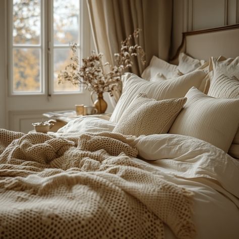 Neutral Pillows On Bed, White Waffle Bedding Styling, Oatmeal Bedding Ideas, Cream And Brown Bedroom, Neutral Bed Sheets, Oatmeal Bedding, Pillows On Bed, Velvet Throw Blanket, Neutral Bedding