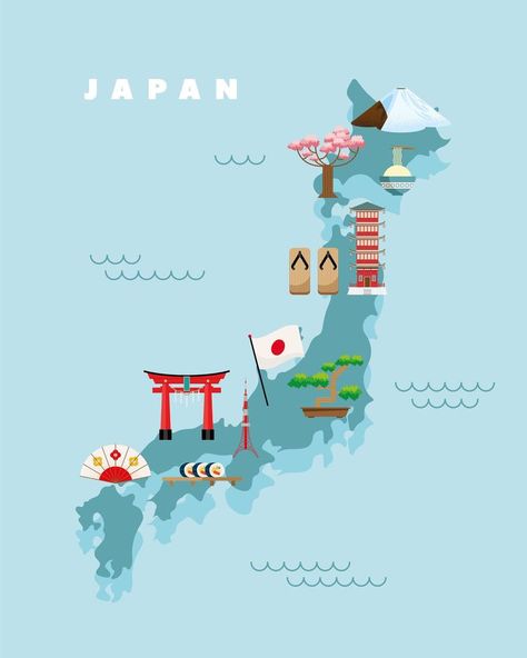 Japan Map Art, Graphic Design Japan, Travel Brochure Design, Map Of Japan, Miniature Map, Tokyo Map, Philippine Map, Maps Aesthetic, Japan Icon