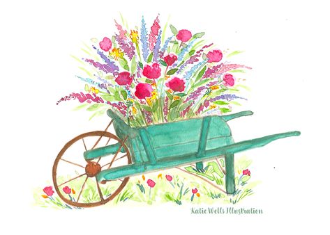 #florals #vintage #vintagewheelbarrow #wheelbarrow #flowers #garden #britishgarden #illustration #watercolour #art Wheelbarrow Painting Ideas, Wheelbarrow Tattoo, Wheel Barrow Drawing, Wheelbarrow Drawing, Garden Watercolor, Easter Wallpaper, Watercolor Pictures, Watercolor Projects, Rock Painting Ideas Easy