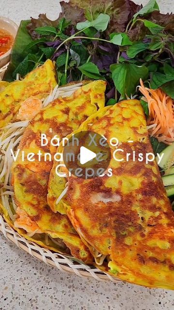 Mui - Michelle on Instagram: "If you like banh khot (Vietnamese savory mini pancakes), then you will like it bigger sister banh xeo (Vietnamese sizzling crepes).  Banh xeo is filled with shrimp, pork, and bean sprouts (I still don't line mung bean in my banh xeo).  It's crispy, savory, and full of flavors. . . . #cookingwithmamamui #bánhxèo #banhxeo #vietnamesefood #vietfood #crepes #vietnamesecrepe #vietnamesepancake #ngonqua  . . I like to eat it in lettuce wrapped and dip it in nuoc cham 😋.   How do you like to eat your bank xeo?" Ban Xeo Recipe, Vietnamese Pancakes Banh Xeo, Vietnamese Crepes Banh Xeo, Bahn Xeo Recipe, Banh Khot Recipe, Vietnamese Lettuce Wraps, Banh Xeo Recipe, Banh Khot, Vietnamese Crepes