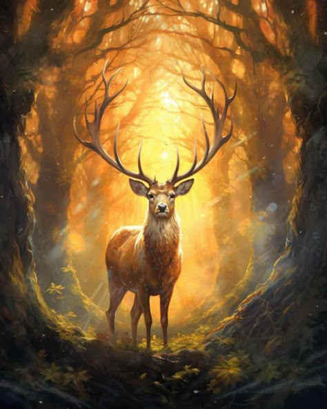 Red Deer Drawing, Deer Photos Nature, Deer Scenery Drawing, Deer Digital Art, Deer In Forest Painting, Fantasy Deer Art, Deer Fantasy Art, Forest Drawing With Animals, Forest Animals Drawing