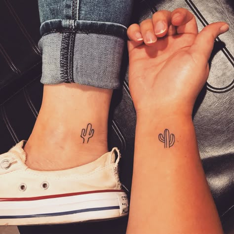 Cactus friendship tattoo symbolizing sticking together! Simple Desert Tattoo, Western Friend Tattoos, Matching Cactus Tattoos, Cactus Tattoo Minimalist, Simple Cactus Tattoo, Cute Cactus Tattoo, Small Cactus Tattoo, Cactus Symbol, Mexico Tattoo Ideas