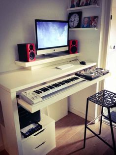 Standing work desk and DJ booth - IKEA Hackers;  hacked the keyboard tray with drawer rails. Ikea Piano Stand Hack, Music Keyboard Desk, Desk With Piano Keyboard Tray, Desk With Keyboard Drawer, Keyboard Stand Ideas, Keyboard Setup Piano, Keyboard Piano Room, Dj Desk Ideas, Keyboard Piano In Bedroom