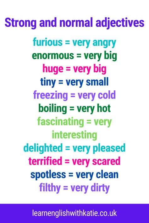 Strong and normal adjectives - Learn English With Katie Strong Adjectives, Adjective Worksheet, Grammar Exercises, Better English, Improve Your Vocabulary, Kids Worksheets, Vocabulary Lessons, Writer's Workshop, Esl Lessons