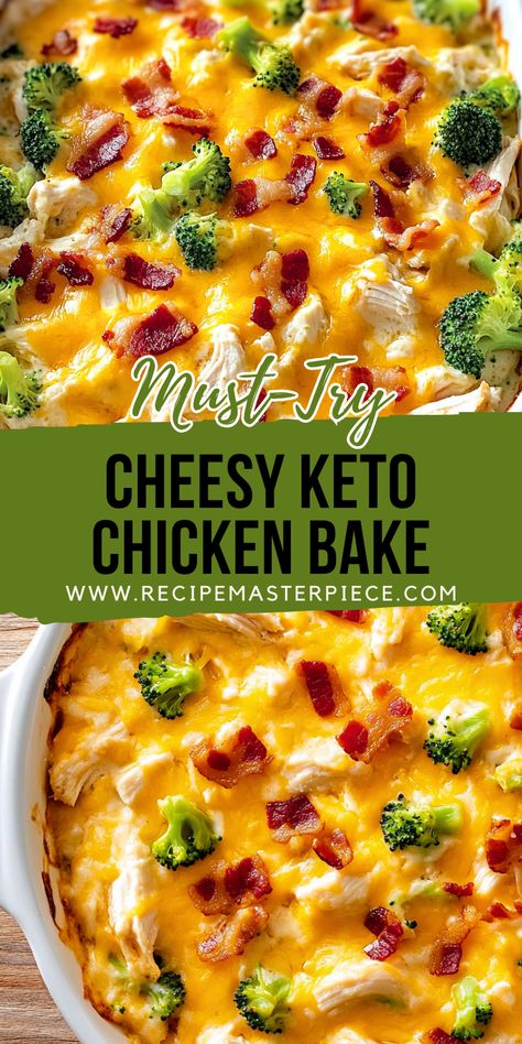 This cheesy keto chicken bake is a quick and delicious low-carb casserole! Loaded with melted cheese, tender chicken, and broccoli—ready in just 35 minutes! Keto Chicken And Broccoli Casserole, Keto Chicken Bake, Keto Dinner Recipes Chicken, Keto Chicken Recipes Easy, Cheesy Chicken Bake, Keto Chicken Breast Recipes, Chicken And Broccoli Bake, Chicken Broccoli Cheese Casserole, Keto Chicken Breast