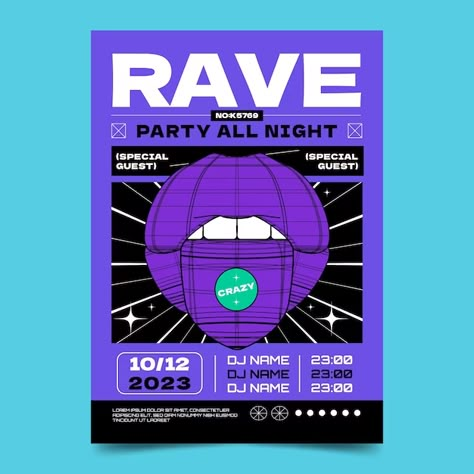 Rave Poster Design Party Flyer 90s, Rave Design Poster, Rave Invitations, Rave Party Poster, Rave Poster Design, Techno Party Poster, Rave Illustration, Party Illustration Design, Party Poster Ideas