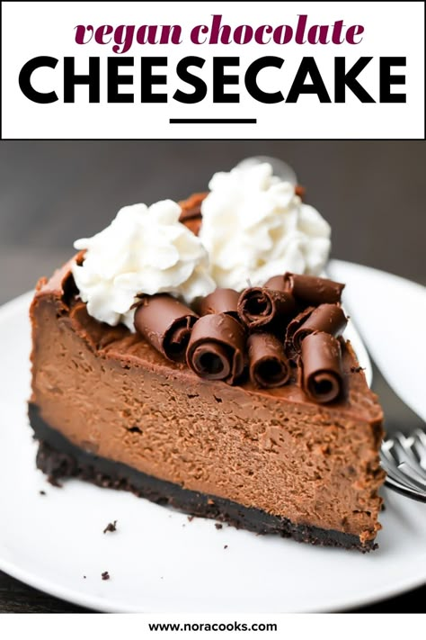 Vegan Chocolate Cheesecake Recipe, Dairy Free Chocolate Cheesecake, Vegan Cheescake, Vegan Cheesecake Recipes, Vegan Chocolate Cheesecake, Nora Cooks, Dairy Free Cheesecake, Vegan Cheesecake Recipe, Oreo Cookie Crust