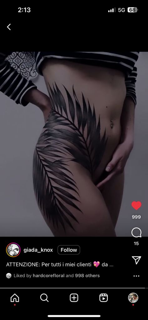 Waist Cover Up Tattoos Women, Fern Hip Tattoos Women, Thigh Tattoo Cover Up Ideas, Hip Buttocks Tattoo, Fern Hip Tattoo, Tattoo On Dark Skin Women, Tattoo Around Belly Button, Upper Hip Tattoo, Tropical Plant Tattoo