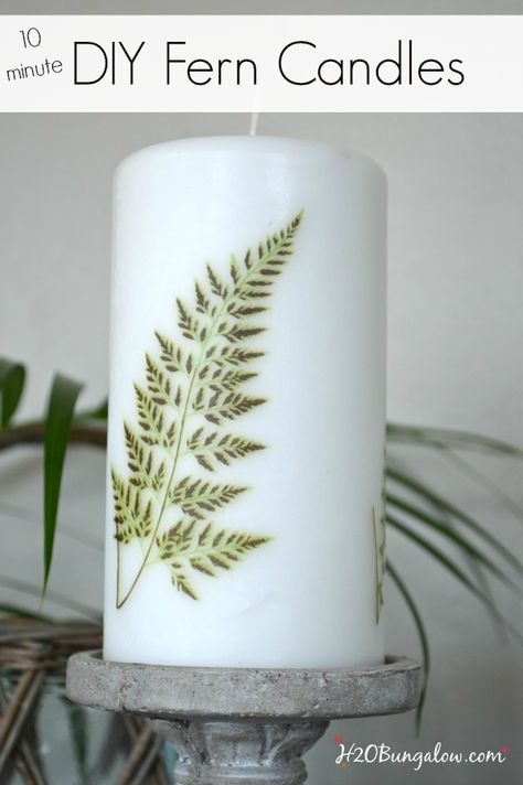 10 minute easy DIY fern image candle.  Update your decor with trendy ferns. H2OBungalow Decorating Candles, Fern Images, Candle Stamping, Creative Candles, Diy Candle Holders, Candle Craft, Candle Art, Room Update, Homemade Candles