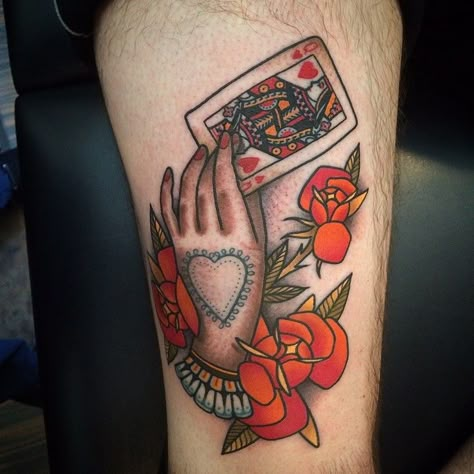 Traditional hand holding card tattoo done at classic tattoos by Keller Traditional Tattoo Hand Holding, Holding Cards Tattoo, Hand Holding Cards Tattoo, Chicano Art Style, Hand Holding Tattoo, Playing Card Tattoo, Hand Holding Card, Playing Card Tattoos, Queen Of Hearts Tattoo