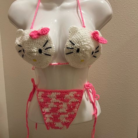 Hello Kitty Crochet Bikini- size in picture is a medium. Hello Kitty Bathing Suit, Bathing Suit Crochet, Crochet Hello Kitty, Exotic Hairstyles, Kitty Makeup, Hello Kitty Crochet, Hello Kitty Makeup, Kitty Accessories, Hello Kitty Accessories