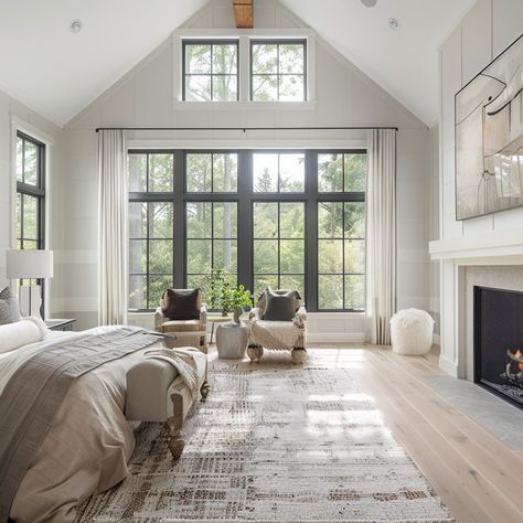 Luxurious Master Bedroom with Fireplace Large Window Design Ideas, Luxury Bedroom Master High Ceilings, Home Renovation Bedroom Master Suite, Modern Bedroom Design Master High Ceilings, Primary Bedroom With Fireplace, Add On Master Suite Bedroom, High Windows Bedroom, Big Bedroom Luxury Master Suite, Large Windows Bedroom