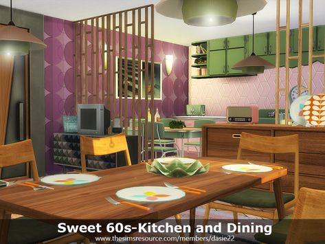 dasie2's Sweet 60s-Kitchen and Dining Sims 4 60s Cc, Living Room 70s, 70s Bedroom, Living Room Sims 4, 70s Living Room, 60s Kitchen, 60s Decor, Retro Dining Rooms, 70s Furniture