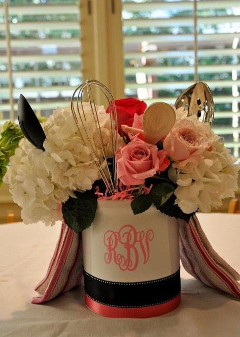 Kitchen shower centerpiece Bridal Shower Kitchen Theme, Bridal Shower Centerpieces Diy, Kitchen Bridal Shower, Table Centerpieces Diy, Couples Bridal Shower, Bridal Shower Tables, Bridal Shower Centerpieces, Bridal Shower Food, Inexpensive Wedding