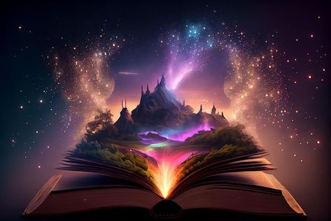 Photo generative ai of magic world openi... | Premium Photo #Freepik #photo #magic-book #fairy-tale-book #magic #fairy-tale Magic Cover Photos, Fantasy Computer Background, Book Magic Art, Magical Books Aesthetic, Fairy Tale Poster, Flier Designs, Magical Background, Magic Library, Visual Poster