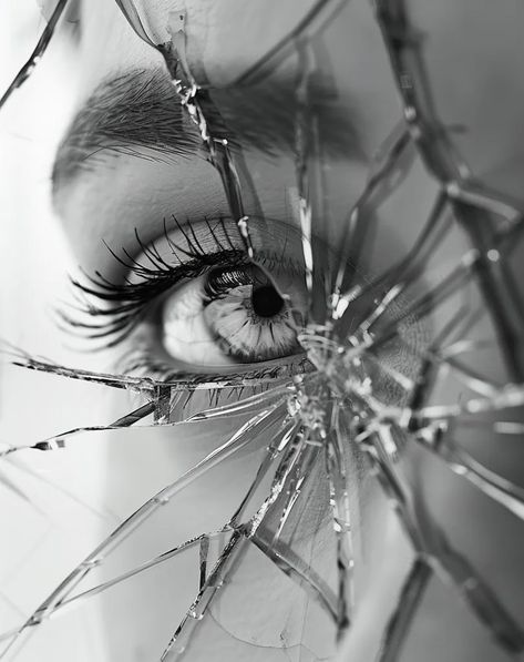 A black-and-white image of a woman's eye looking through a shattered glass. The woman's eye is in focus, while the glass is blurred, creating a sense of mystery and intrigue ->> more details in ai-img-gen.com Shattered Mirror, Mirror Photography, Broken Mirror, Shattered Glass, In Focus, Dark Eyes, White Image, Woman Face, Portrait Photography