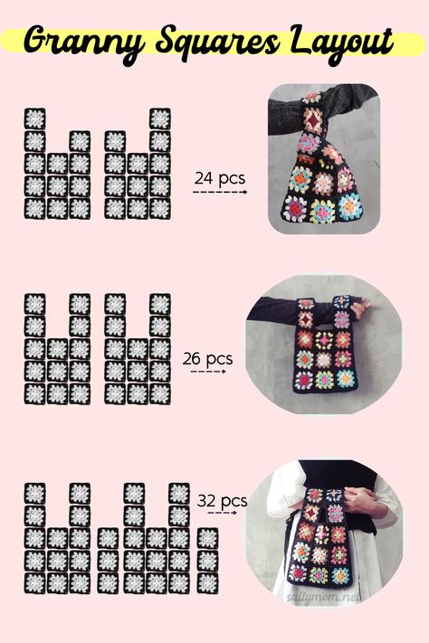 Playing with my granny squares :) Tutorial in the link ! 2 Granny Square Bag, Granny Bag Crochet Pattern, Granny Squares Crochet Bag, Granny Square Crochet Pattern Bag, Granny Square Layout, Crochet Layout, Granny Square Bag Layout, Crochet Building, Granny Squares Tutorial