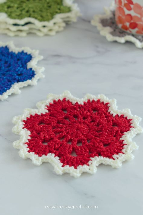 Easy Christmas Coasters To Crochet | Easy Breezy Crochet Crochet Christmas Tree Coaster Free Pattern, Crochet Christmas Projects, Quick Crochet Christmas, Crochet Christmas Coasters, Crochet Decorations, Crocheted Coasters, Different Crochet Stitches, Christmas Crochet Patterns Free, Crochet Coasters Free Pattern