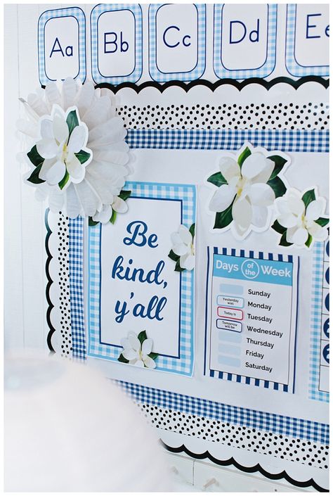 Southern Classroom Decor, Classroom Blue Theme, Black White And Blue Classroom, Blue And White Classroom Decor, Pink And Blue Classroom, Classroom Themes Blue, Blue And Yellow Classroom Theme, Daisy Classroom Decor, Blue Themed Classroom