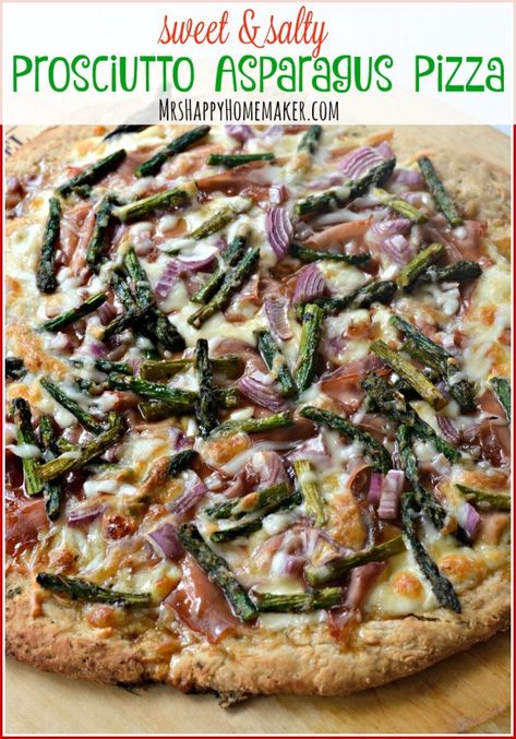 Asparagus Flatbread, Asparagus Pizza, Mrs Happy Homemaker, Prosciutto Asparagus, Prosciutto Pizza, Bacon Grilled Cheese, Flatbread Recipes, Flatbread Pizza, Asparagus Recipe