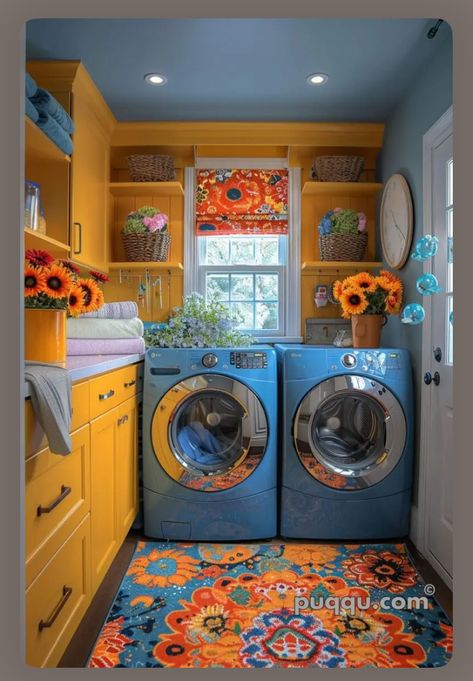 Maximalist Laundry Room, Yellow Laundry Room Ideas, Orange Laundry Room, Colorful Laundry Room Ideas, Teal Laundry Room, Fun Laundry Room Ideas, Funky Laundry Room, Bright Laundry Room, Dream Laundry Room