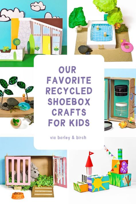 This collection of creative shoebox crafts for kids provides a wonderful opportunity to let your children's imaginations run wild! With a few simple materials, your children will be able to make all kinds of fun, creative objects that they can either use or display in their room. From shoebox pet play and shoebox cities to creative shoebox storage and display ideas, this set of upcycled shoebox projects are sure to provide hours of fun and entertainment for your kids! | from barley & birch Shoebox Crafts For Kids, Shoe Box Crafts For Kids, Shoe Box Decorating Ideas, Shoe Box Art, Cool Kids Toys, Shoebox Crafts, Creative Objects, Creative Storage Ideas, Shoe Box Diy