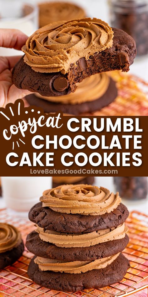 Crumbl Chocolate Cake Cookies pin collage Chocolate Cake Crumbl Cookie, Crumbl Chocolate Cake Cookie Copycat, Gourmet Drop Cookie Recipes, Cake Crumb Cookies, Crumbl Chocolate Cake Cookie, Crumble Cookie Copycat Recipe Chocolate, Crumbl Chocolate Cookie, Chocolate Baking Recipes, Copycat Cookies