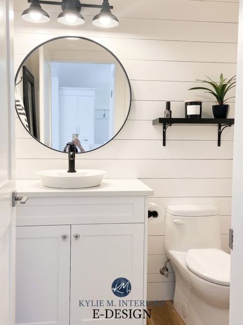 The 6 Best Paint Colours for a Bathroom Vanity or Kitchen Island - Including White! - Kylie M Interiors Benjamin Moore Super White, Kylie M Interiors, Small White Bathrooms, Powder Room Remodel, Shiplap Bathroom, Best White Paint, Timeless Interior, Paint Colour, Basement Bathroom